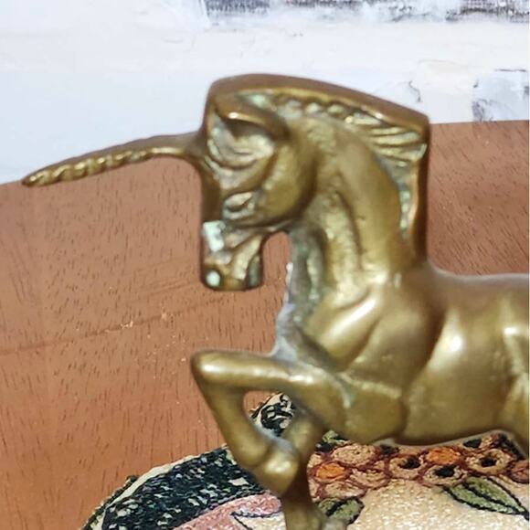 Elegant Brass Unicorn Figurine - Mid-Century Prancing Horse Art Piece on Stand - Picture 5 of 7